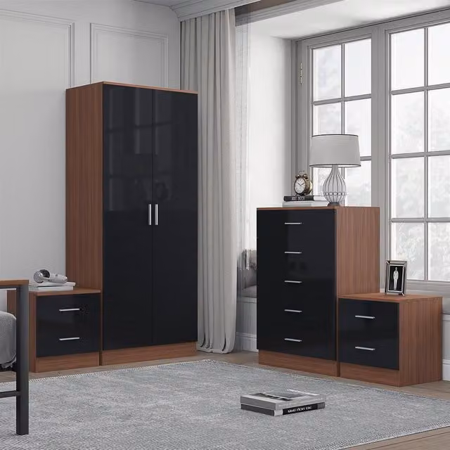 REFLECT Bedroom Furniture Bundle with 2-Door Plain Wardrobe, Chest of Drawers and 2 Bedside Tables in Black Gloss and Matt Walnut