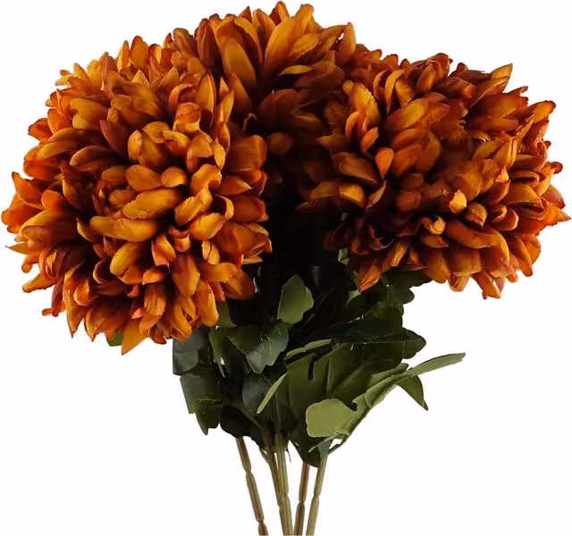 Pack of 6 Extra Large Orange Reflex Silk Chrysanthemums with Leaf Detail