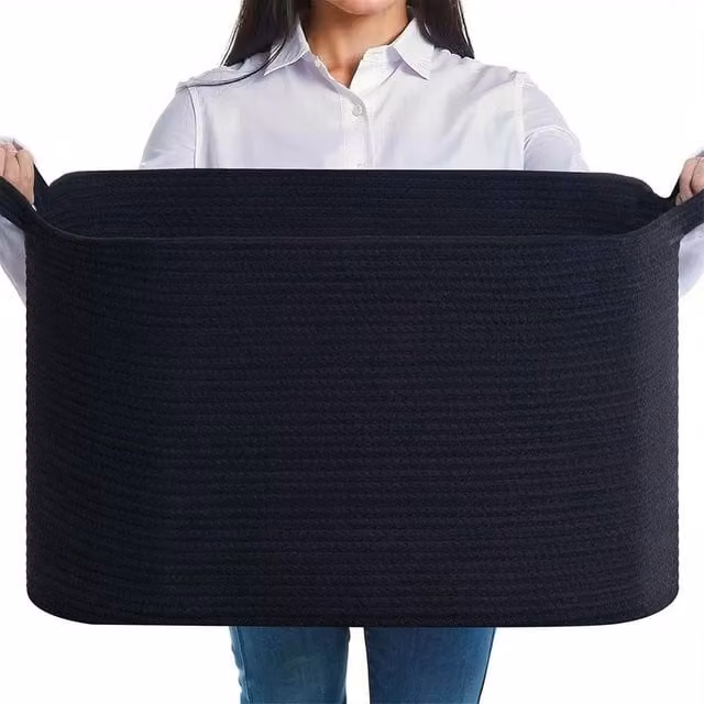 VOGREX Black Cotton Rope Storage Basket for Toys and Blankets, W/D/H: 30 x 30 x 55 cm – 1
