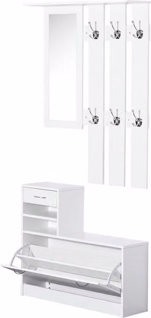 HOMCOM Modern White Entryway Organizer with Mirror, Shoe Storage and Hanging Rod