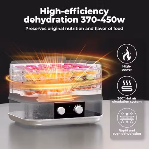 Spector Compact 5-Tray Food Dehydrator in White, 450W Stainless Steel Dryer with Digital Display and Adjustable Thermostat for Jerky, Fruit, Herbs and Yogurt – 5