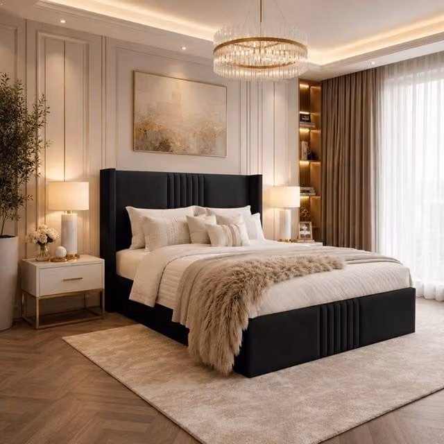 Desire Deco Brooks Wingback Upholstered Bed Frame in Black Plush Velvet, W/D/H: 120 x 200 cm