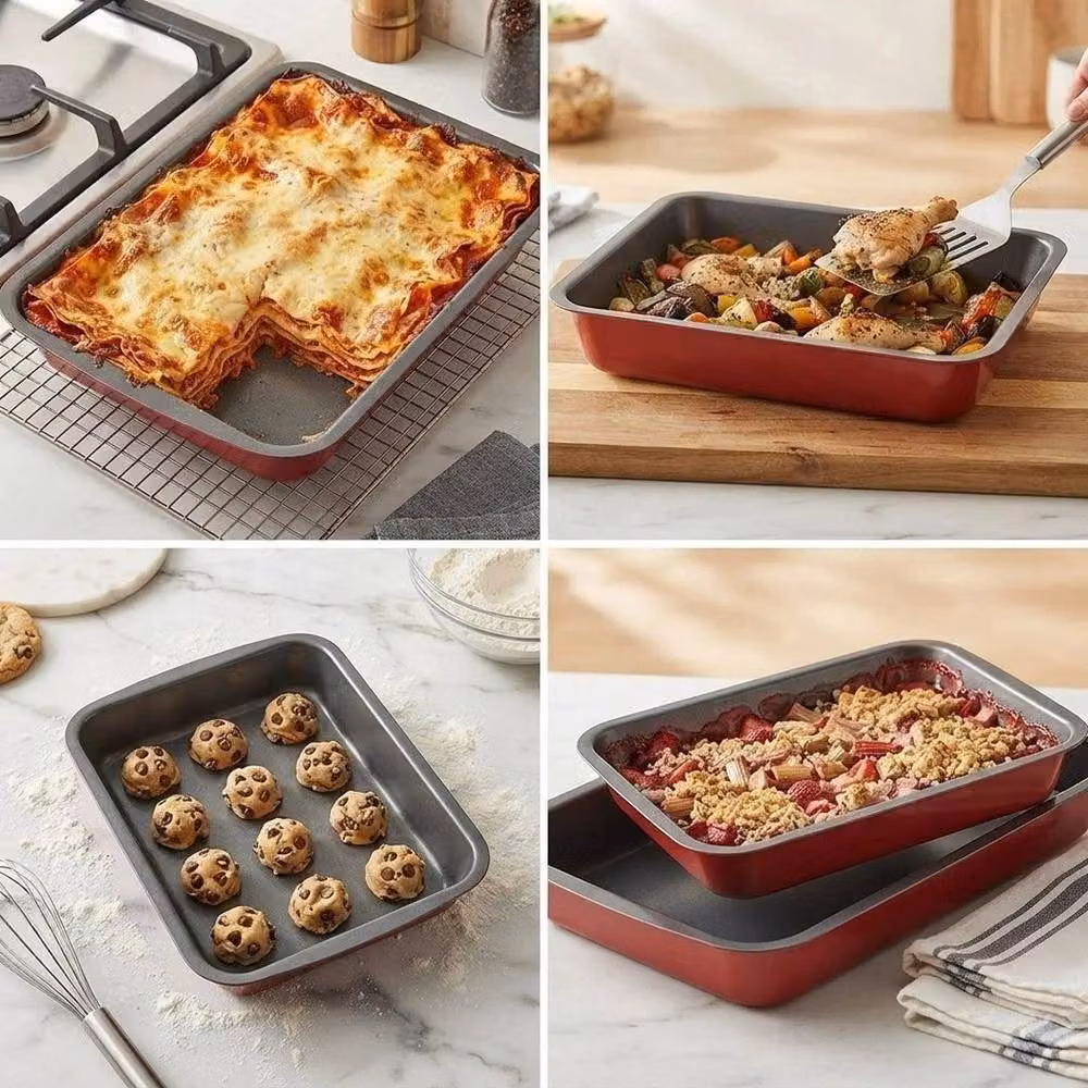 PAWNORA 3 Piece Non Stick Red Carbon Steel Rectangular Baking Tray Set – 3