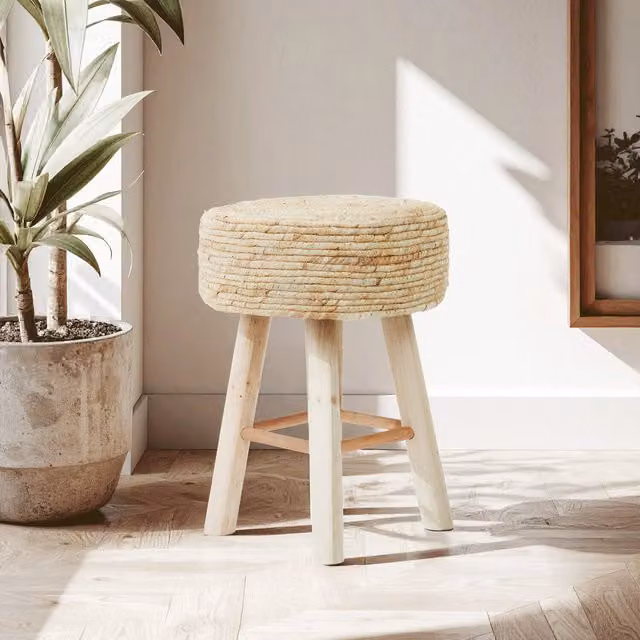 Orsina Durable White Cotton and Corn Rope Stool in Beige