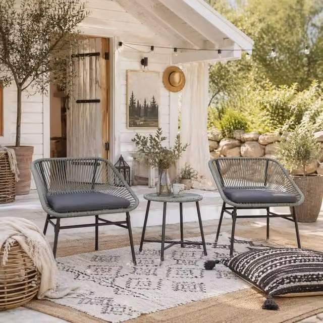 Wyld Haus Sorino 3 Piece Light Grey Rattan Bistro Set with Glass and Steel Table