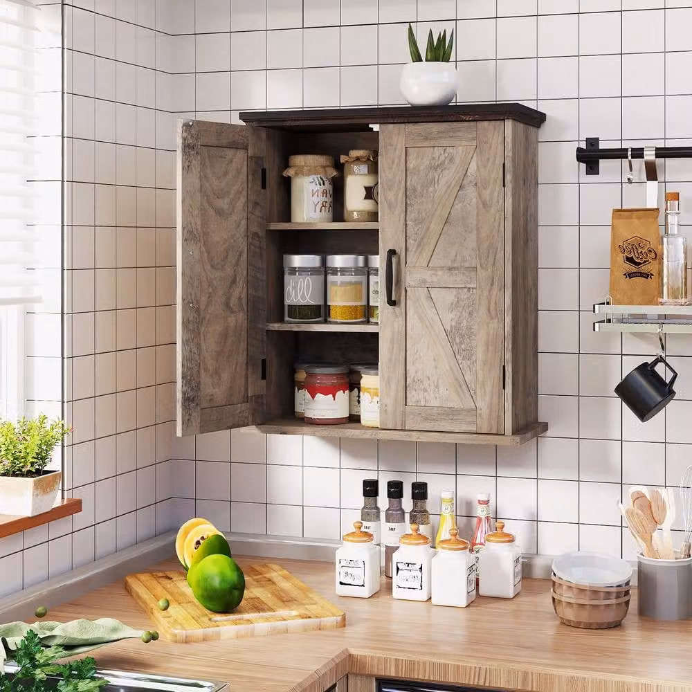 Costway Grey Farmhouse Wall Mounted Bathroom and Kitchen Cabinet with 2 Hinged Doors and Internal Shelves – 4