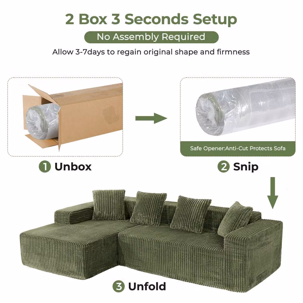 Dprodo 4 Seater Modular Left L-Shaped Sectional Sofa in Green Velvet Cord Fabric – 6