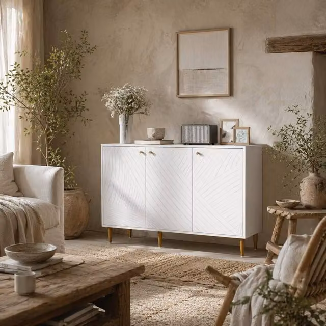 Wyld Haus Rasuno Ledi White and Gold 2 Cupboard Sideboard with Scandi Geometric Pattern