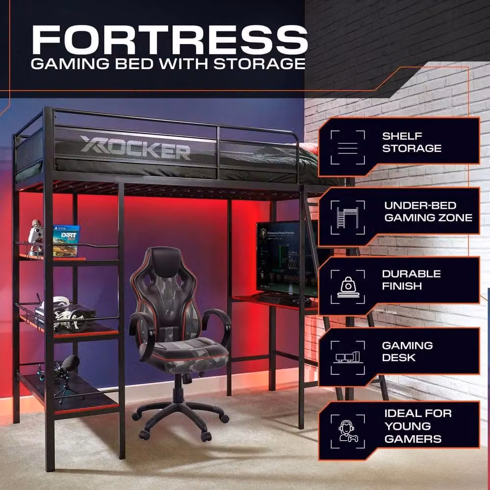 X Rocker Fortress High Sleeper Bunk Bed in Black with Side Compartments and Bedside Shelf, W/D/H: 90 x 200 x 183.1 cm – 2