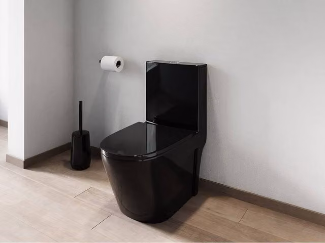 Vente-unique NAGILAM Gloss Black Ceramic Floor-Standing WC with Vertical Outlet and Soft-Close Seat, H 78.5 x W 39.0 x D 69.0 cm – 1
