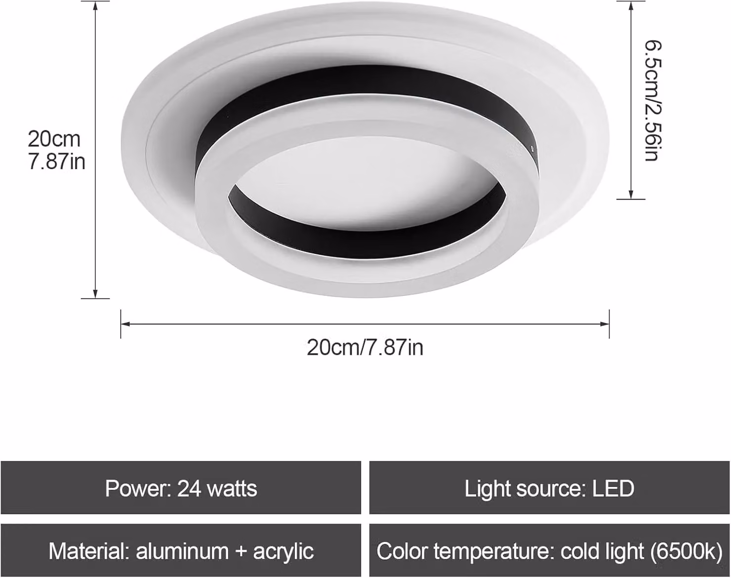 COMELY Modern Round LED Ceiling Light, 24W, 6500K Cool White, Black, Diameter: 20 cm – 2