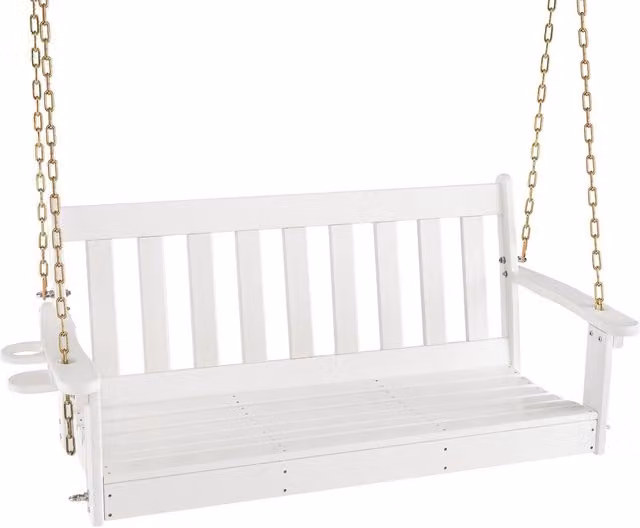 Costway 2 Person White HDPE Outdoor Porch Swing Hanging Chair with Adjustable Chains and Cup Holders – 1