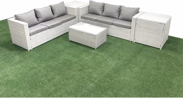 Fimous 6-Seater Outdoor PE Rattan Sofa Set with Tempered Glass Table in Light Grey Mixed