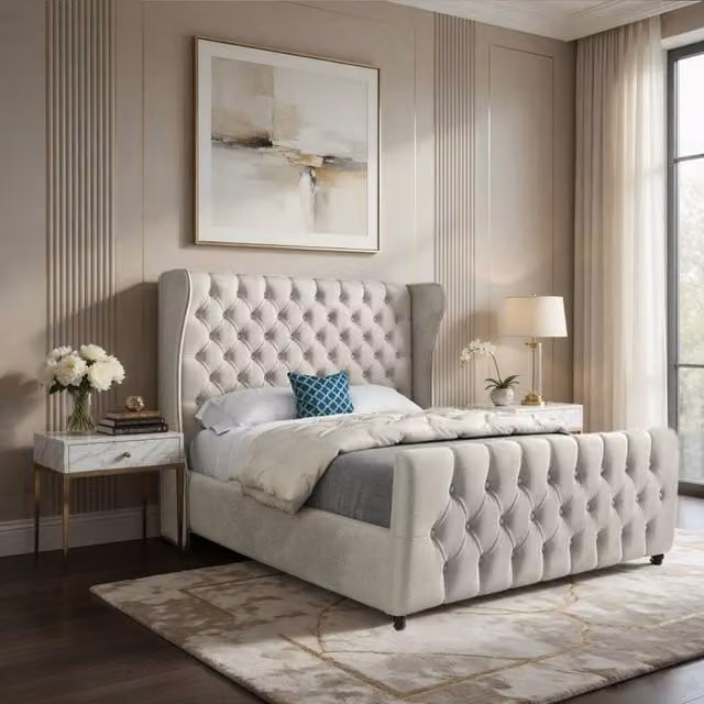 KDMD Keysoe Upholstered Designer Bed Frame in Beige Soft Velvet, Size: King (180 x 200 cm)