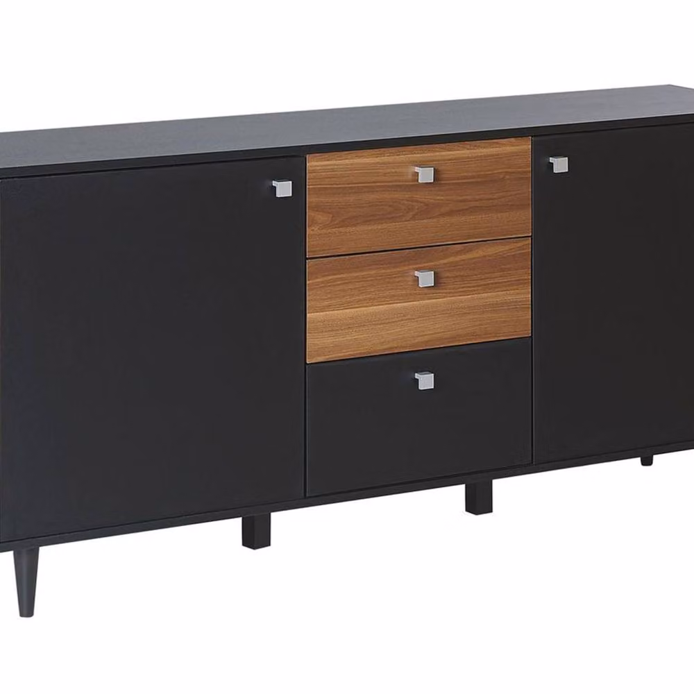 Wyld and Coco Black Sideboard with Dark Wood Panels, 3 Drawers and 2 Doors, W: 160 cm, D: 40 cm – 2