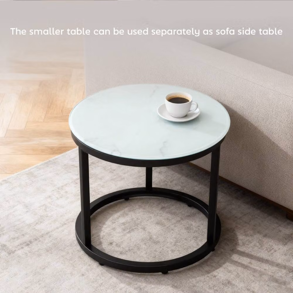 Wyld Haus Sosuri Set of 2 Round Nesting Tables with White Glass Tops and Metal Frames – 4