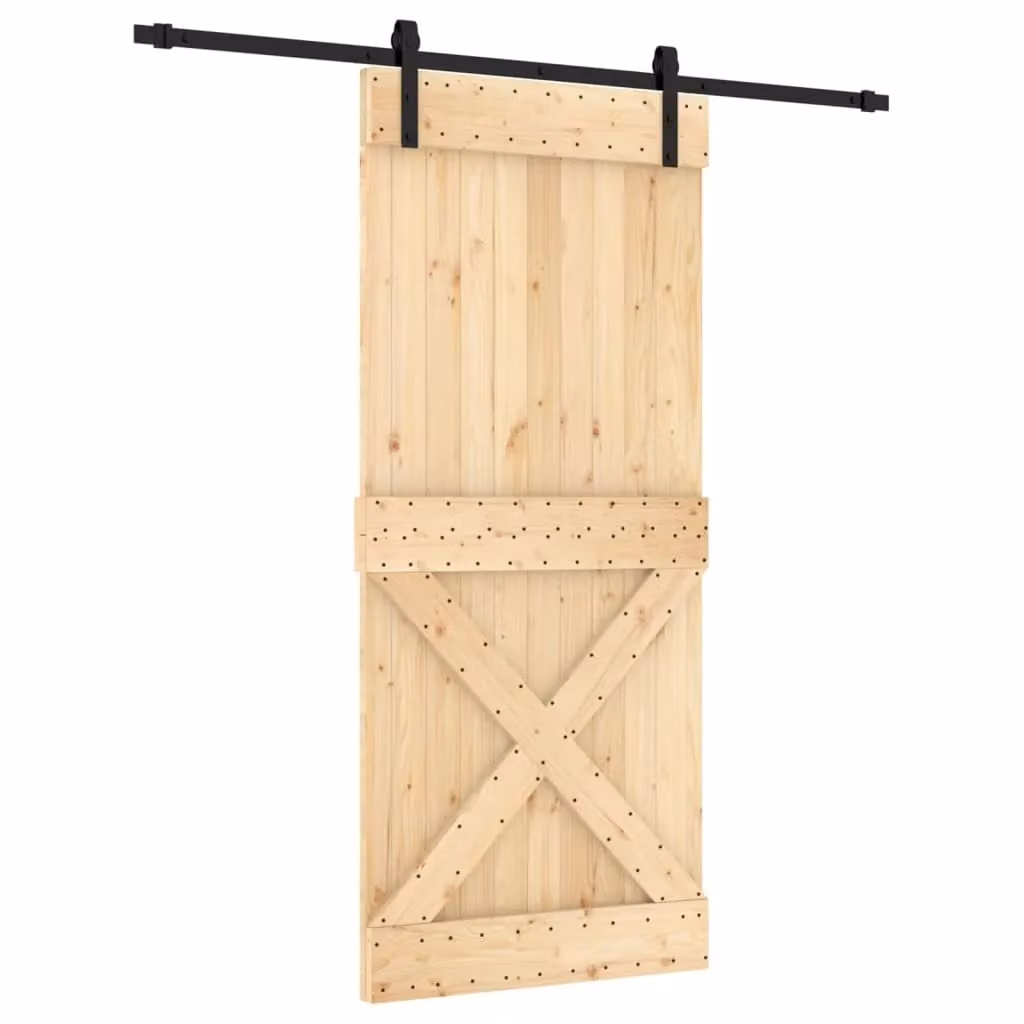 Berkfield Home Rustic Solid Wood Pine Sliding Door with Hardware Set, Brown, W: 90 cm, H: 210 cm – 2