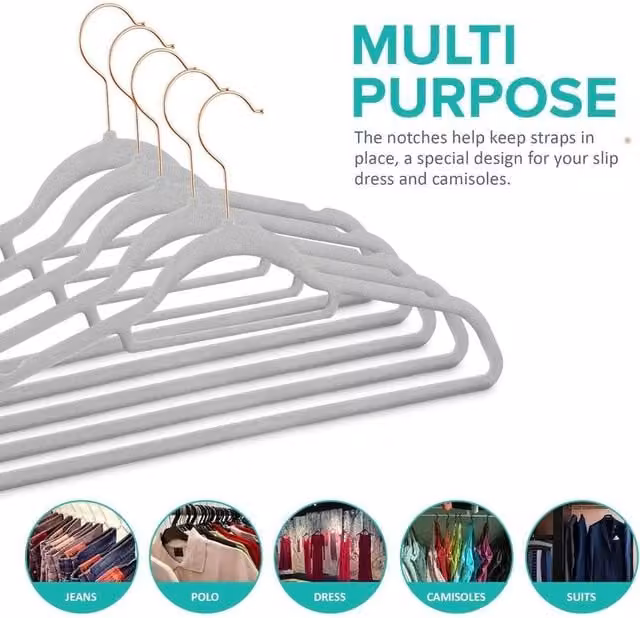 EONLION Grey and Rose Gold Velvet Non-Slip Space Saving Clothes Hangers with Swivel Hook and Bar