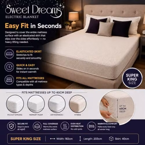 Sweet Dreams Superking Fleece Electric Heated Mattress Cover in White – 3