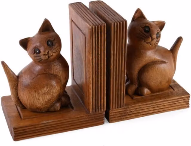 KDMK Handcrafted Brown Acacia Wood Cat Bookends