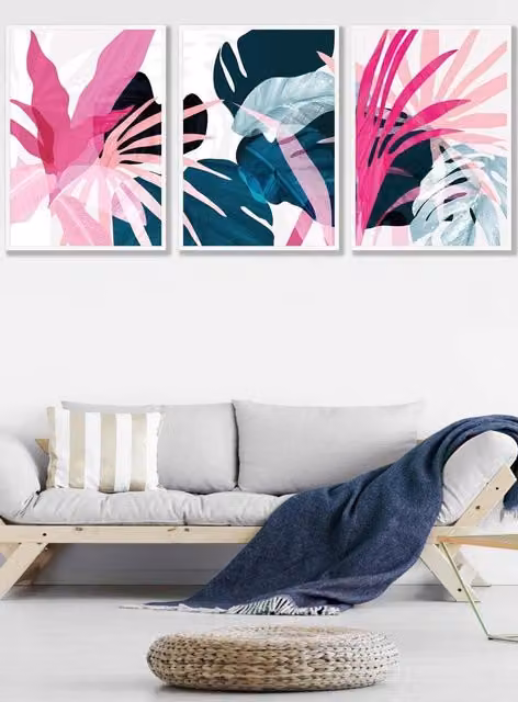 ARTZE Set of 3 Abstract Pink and Blue Botanical Triptych Wall Art with White Frames, W: 53 cm, H: 73 cm, D: 2 cm