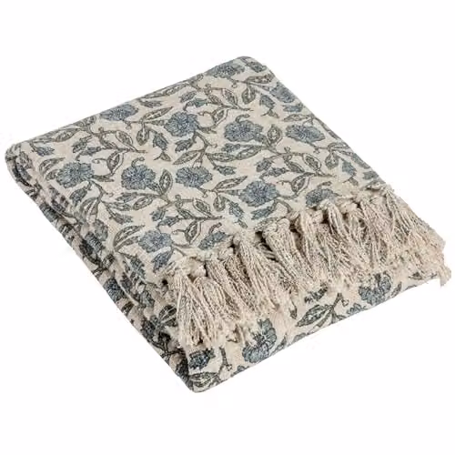 Paoletti Delphine Floral Cotton Throw in Blue, W: 130 cm, L: 170 cm – 1