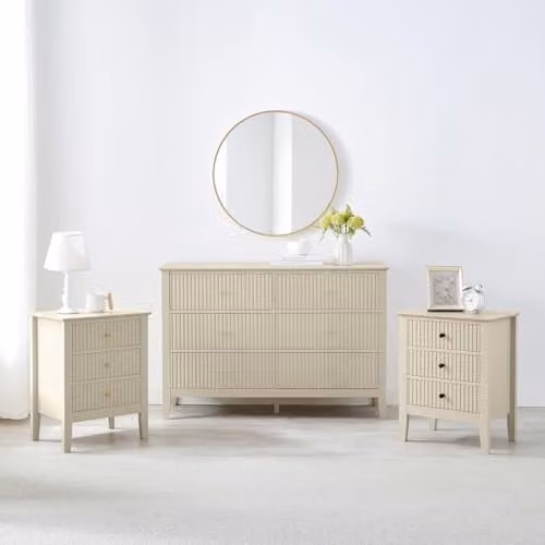 Melody Maison Hales Taupe Range Large Chest of Drawers and Pair of Bedside Tables in Beige and Gold
