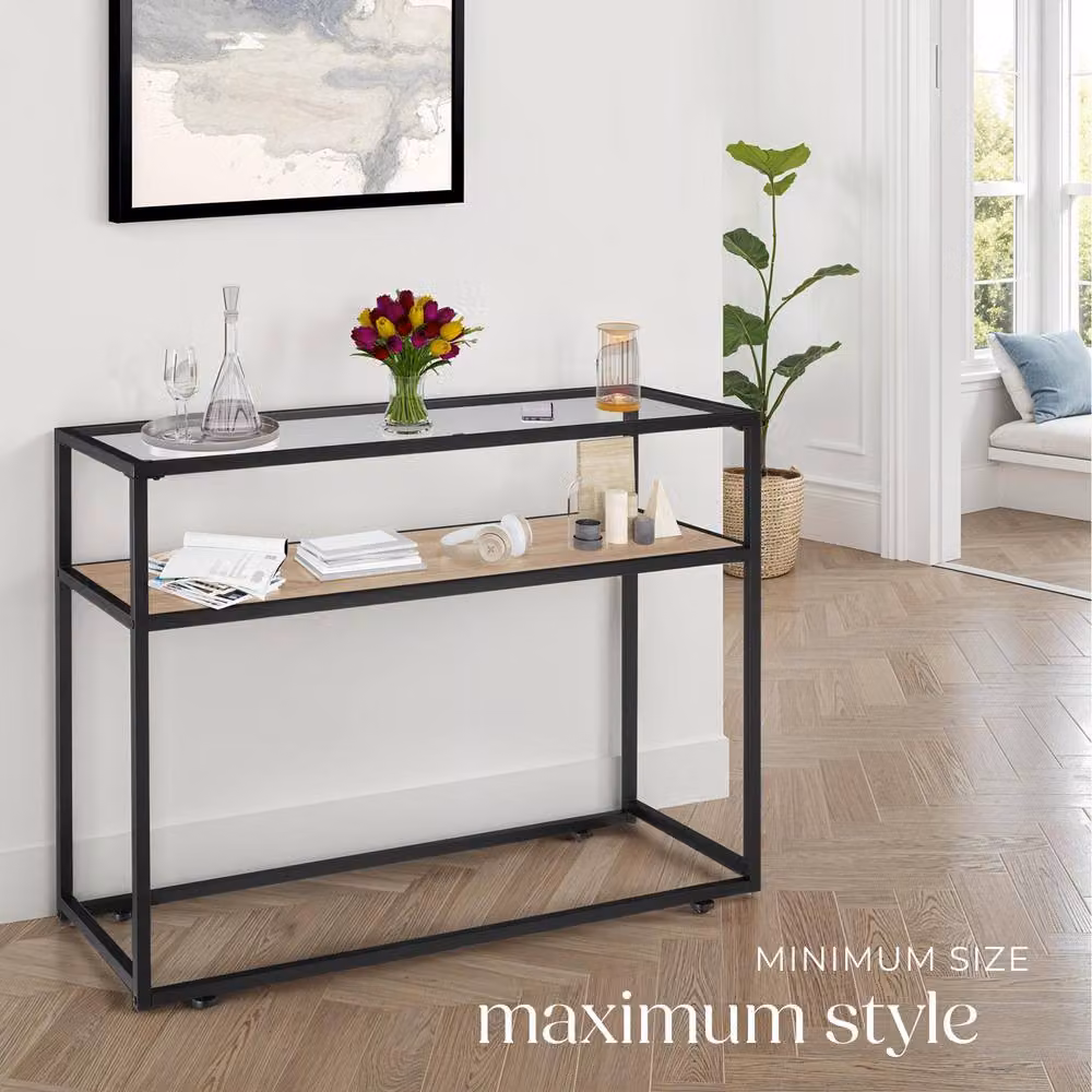 tectake Kilkenny Console Table with Glass Top and 2 Shelves in Light Oak and Black – 4