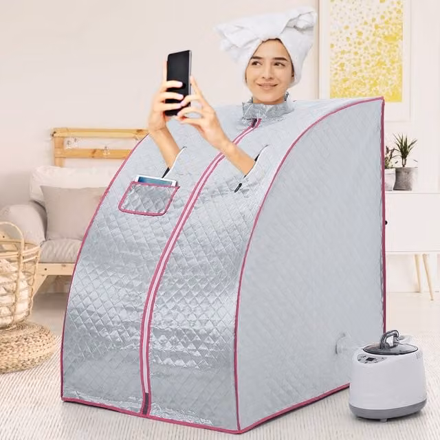 SHEONLY Personal Full Body Steam Sauna Spa with Remote Control and Folding Chair, Silver
