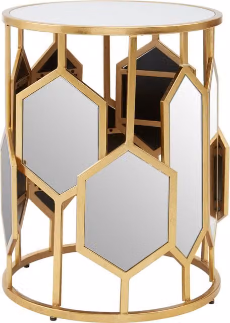 Orsina Luxe Round Side Table with Hexagonal Mirror and Glass Top in Gold Finish, W/D/H: 45 x 45 x 56 cm