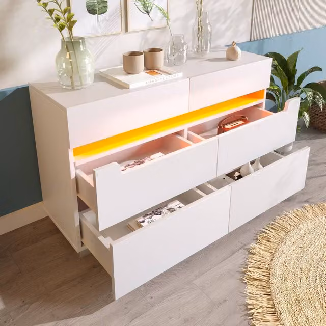 Rolipo Modern White 6 Drawer Dresser and LED Sideboard Cabinet with Glossy Finish – 1