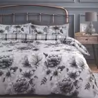 Velosso Cassia Floral Duvet Cover and Pillowcase Set in Grey, W/D/H: 180 x 200 cm and 50 x 75 cm