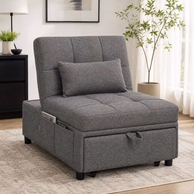 STILVORA Grey Fabric Recliner Chair with Fold-Out Bed and Armrests