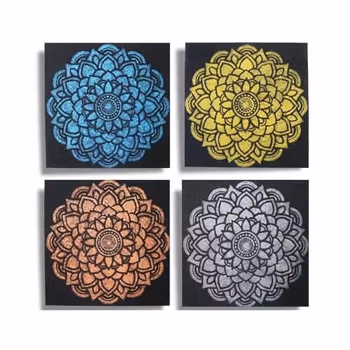 KDMD Set of 4 Multicolour Abstract Mandala Brocade Detail Canvas Paintings, W/H: 30 x 30 cm