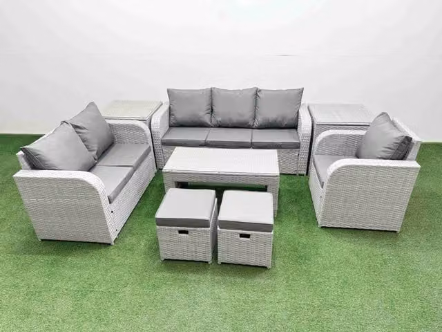 Fimous Patio 8 Seater Grey PE Wicker Rattan Outdoor Furniture Set with Oblong Coffee Table, Reclining Chair, Loveseat, 3 Seater Sofa and Stool