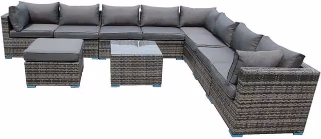 Furniture One 10 Piece Modular L-Shape Rattan Outdoor Garden Sofa Set in Grey with Upholstered Cushions