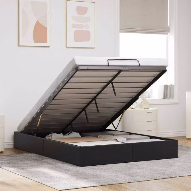 Berkfield Home Queen Size Ottoman Bed Frame in Black Faux Leather, W/D/H: 150 x 200 cm – 1