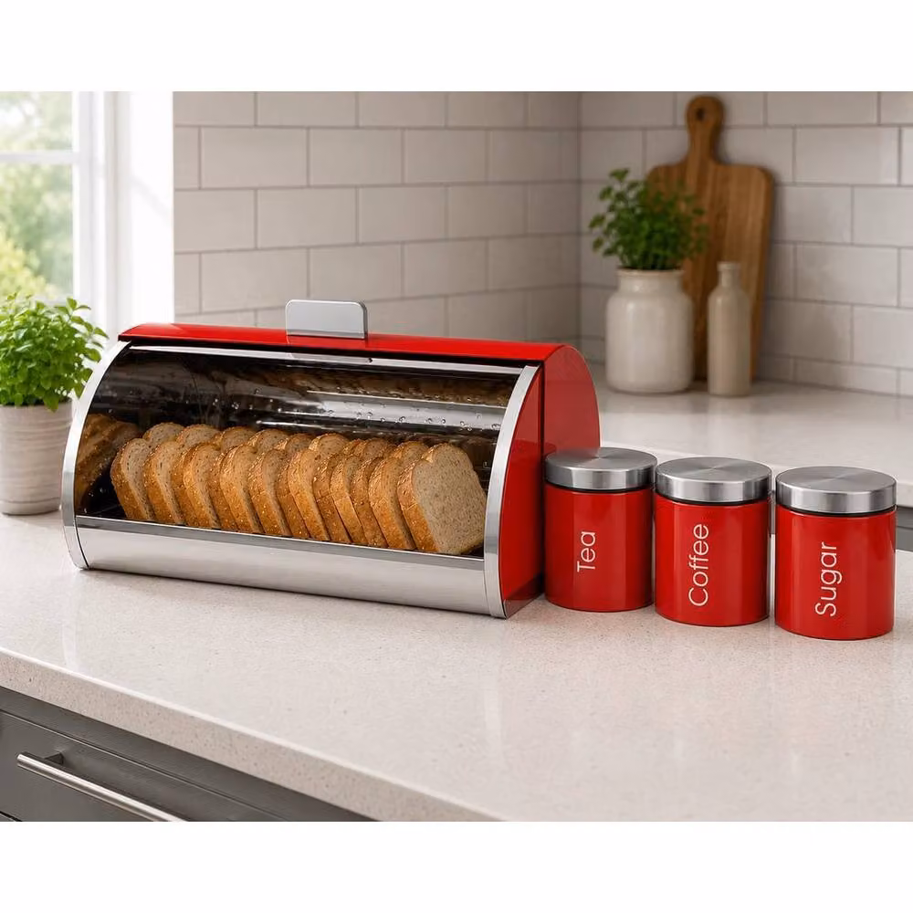 PAWNORA Red 4-Piece Metal Kitchen Bread Bin Set with Roll Front Design – 3