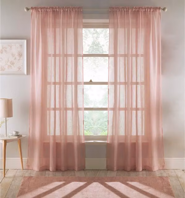 Enhanced Living Pair of Eden Blush Recycled Plain Sheer Voile Fabric Panels, Pink, Height: 183 cm
