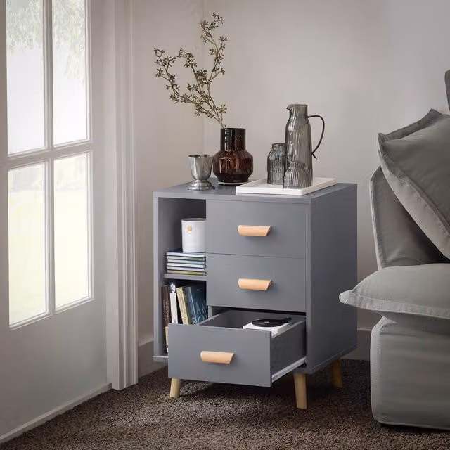 SoBuy Narrow Bedside Cabinet with 3 Drawers and Open Shelf in Grey, W/D/H: 40 x 15 x 60 cm