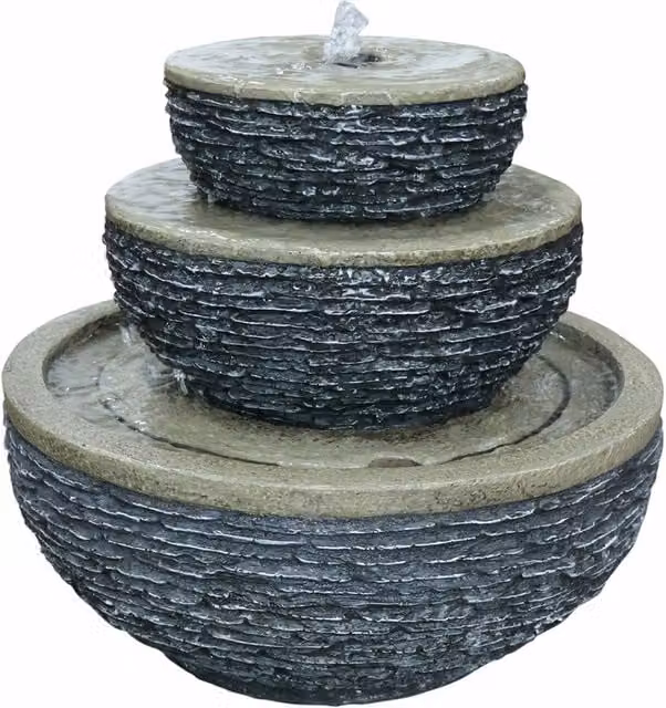 Primrose Three Stacked Bowls Water Cascade Feature, Grey Concrete Stone Tabletop Fountain