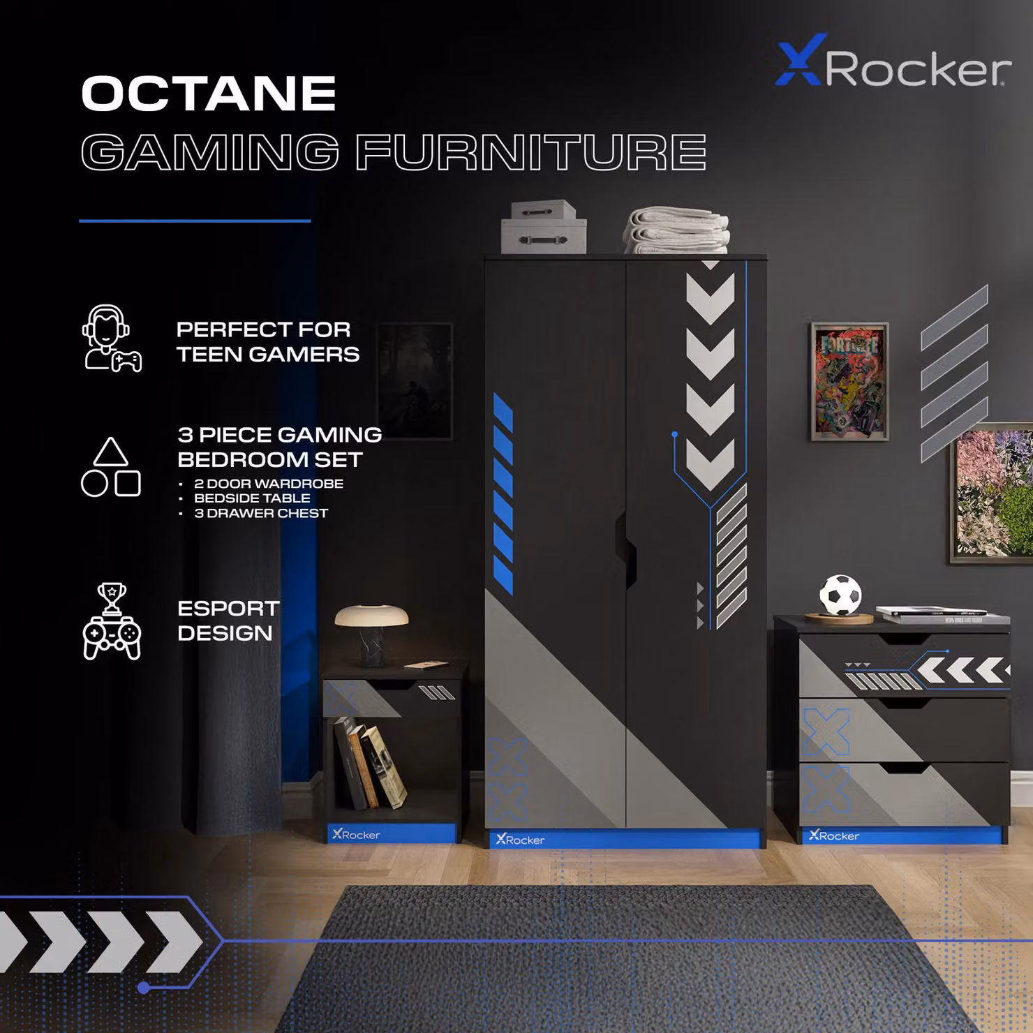X Rocker Octane 3 Piece Kids Bedroom Furniture Set in Black and Blue – 2