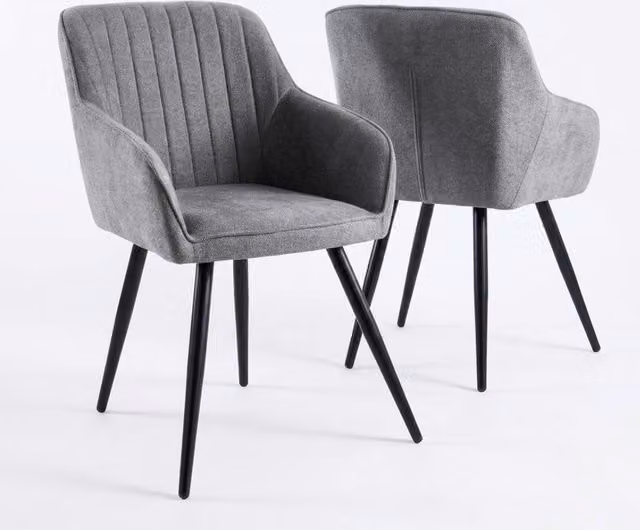 HOME LUXE INTERIOR Alba Grey Dining Chairs, 2 Pack with Quilted Fabric Back and Black Metal Legs