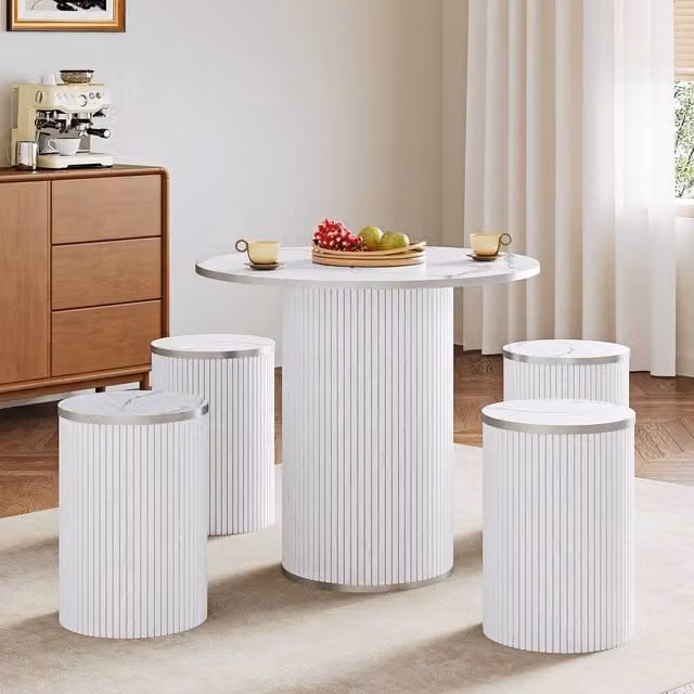 Dprodo Modern White Glossy Round Dining Table and 4 Chairs Set, Diameter: 80 cm