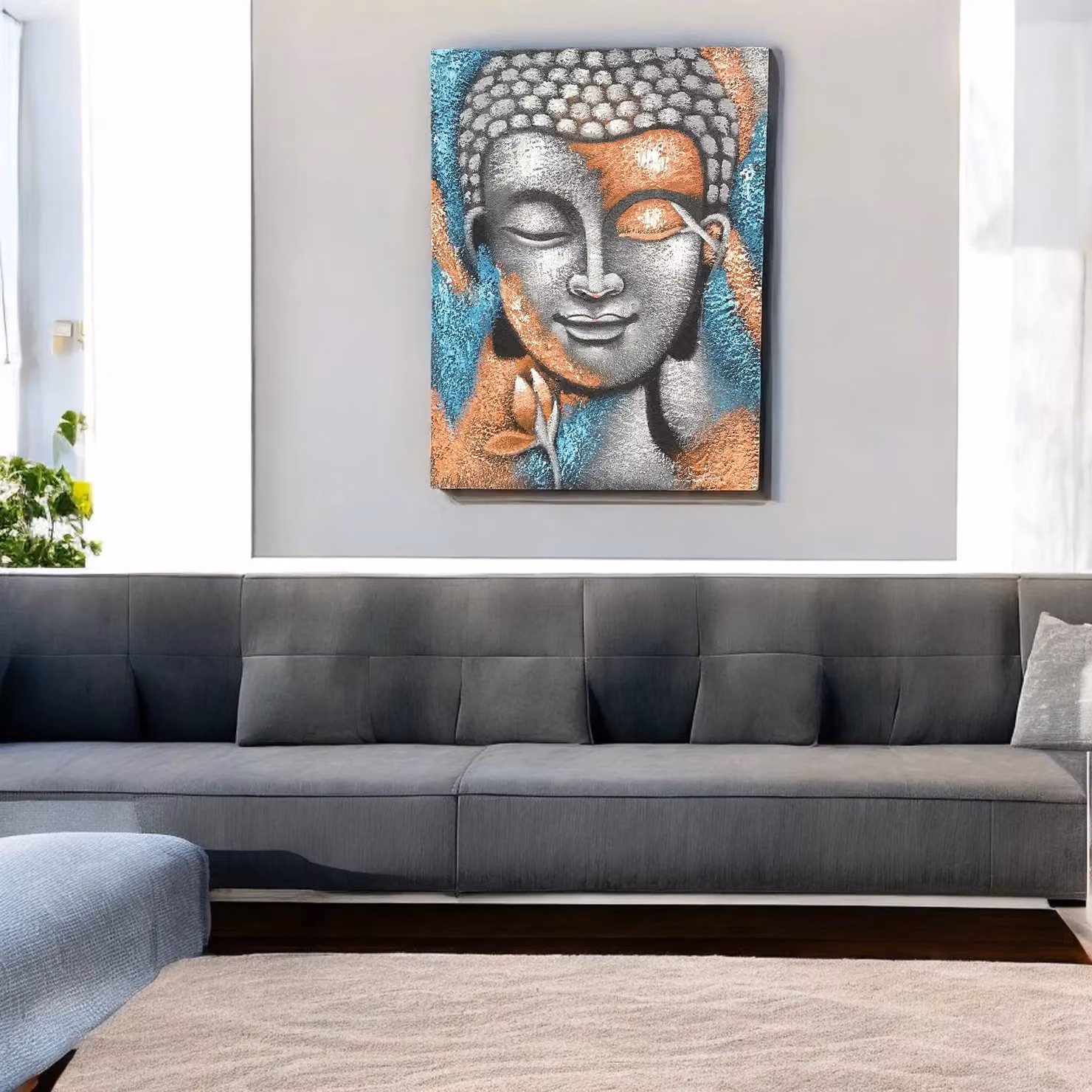 KDMD Buddha Floral Canvas Painting in Silver and Gold, W: 75 cm, H: 55 cm – 3