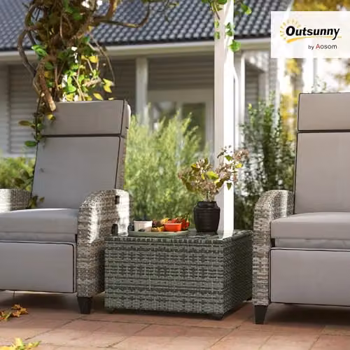 Outsunny Outdoor Coffee Table with Glass Top in Grey Rattan, W/D/H: 62 x 62 x 38 cm – 2