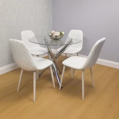 KOSY KOALA Modern Round Clear Glass Dining Table and 4 White Chairs Dining Set