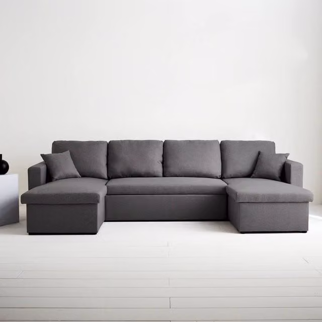Sweek 4-Seater U-Shaped Fabric Sofa Bed in Dark Grey with Pull-Out Drawer and Scatter Cushions