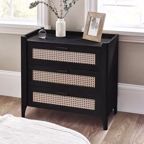 Julian Bowen Sydney 3 Drawer Chest in Black with Rattan Print