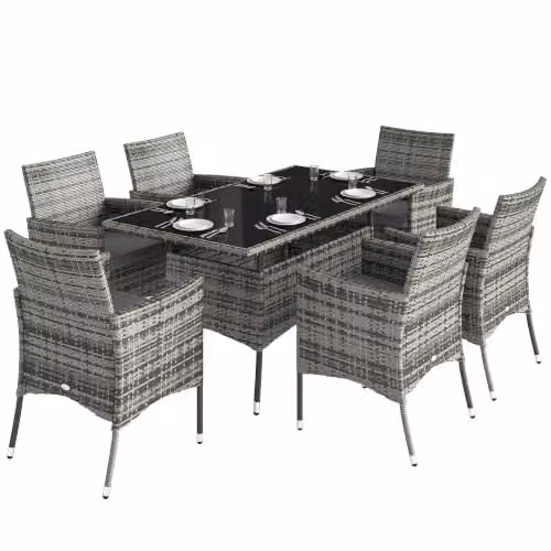 Outsunny 7-Piece Grey Rattan Garden Furniture Dining Set for 6 Adults